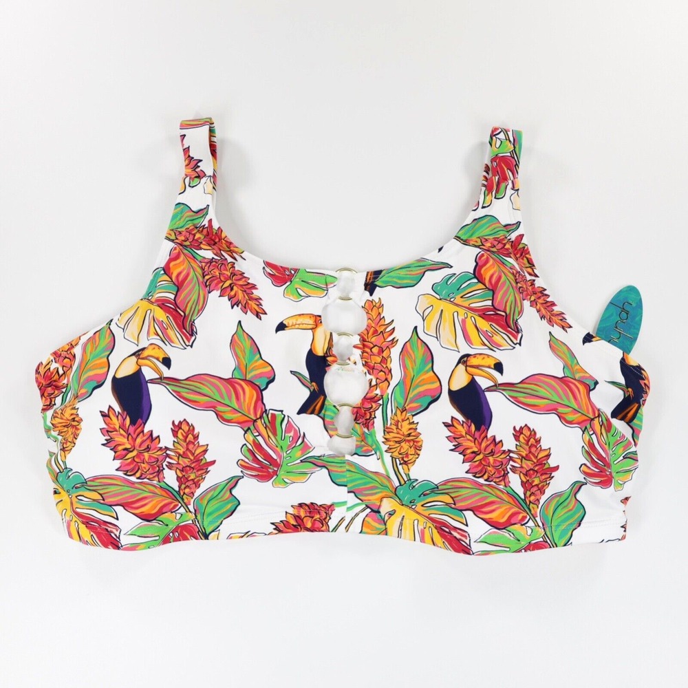Mynah Women's Plus Adjustable Strap Tropical Print‎ Bikini Top White Size 24W